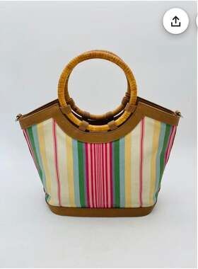 Fossil Vintage Multicolored Stripe Canvas Handbag with Woven Bamboo Handles
